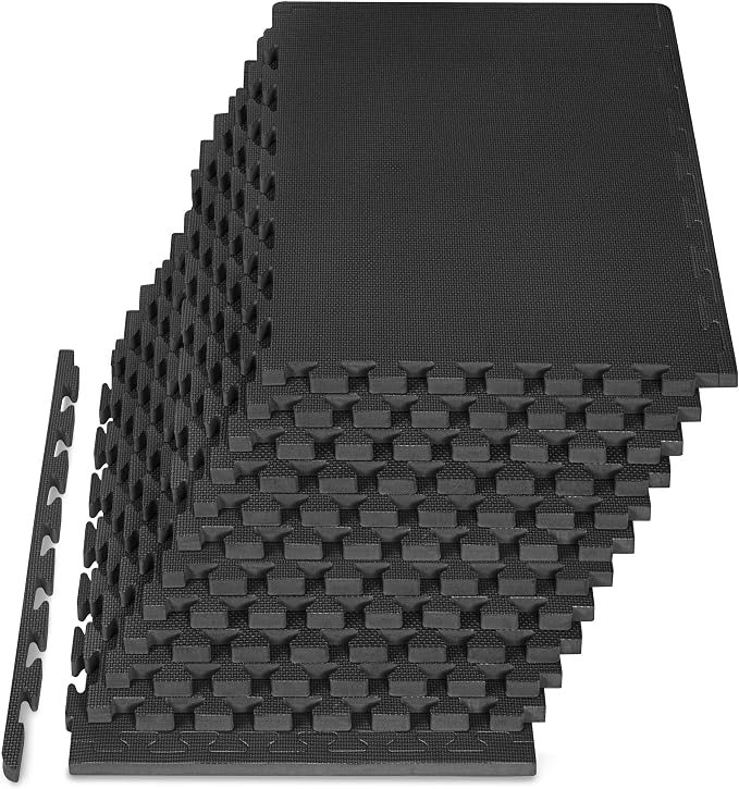 ProsourceFit Weaved Pattern Extra Thick Exercise Puzzle Mat 1-inch, EVA Foam Interlocking Tiles for Protective, Cushioned Flooring for Home and Gym Equipment; Black, 48 SQ FT, 12 Tiles