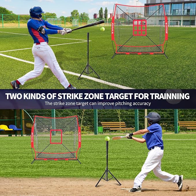 BAGAIL 7x7 ft Extra Large Baseball & Softball Training Net with Batting Tee, Heavy Duty Reinforced Steel Frame, Oversized Hitting Zone for All Levels, Portable Backstop with Carry Bag