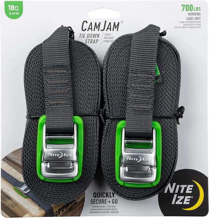 Nite Ize CamJam Tie Down Strap - Tie Down Ratchet Straps - Straps for Trucks & Cars - Tie Downs for Luggage & Gear - 18 ft Strap, Green (Pack of 2)