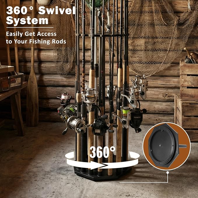 Rush Creek Creations 16-Rod Round Fishing Rod Holder for Garage, 360° Access Fishing Pole Holder for Fishing Rods, Reels, Gear, and Accessories, Securely Holds 16 Rods, Gray