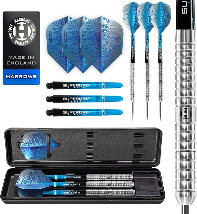Harrows Pulse 90% Tungsten Steel Tip Darts Set 21g, 22g, 23g, 24g, 25g & 26g - Includes Recessed Curve Grip, Aqua Supergrip Fusion Shafts, Prime Flights & Travel Case