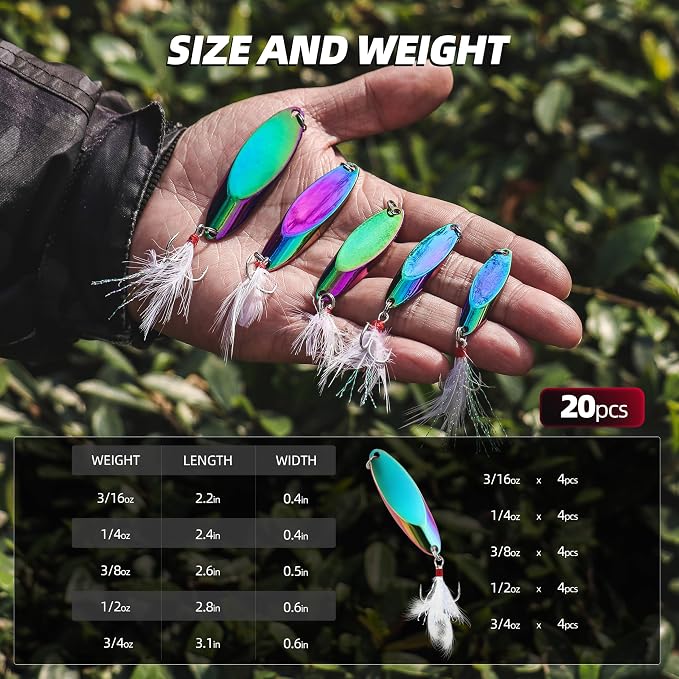 Jigging Spoon Fishing Lures 20/40PCS Kit – Metal Casting Spoon Lure Set with Treble Hooks, Mixed Sizes Spinner Baits for Saltwater & Freshwater Trout, Salmon, Bass