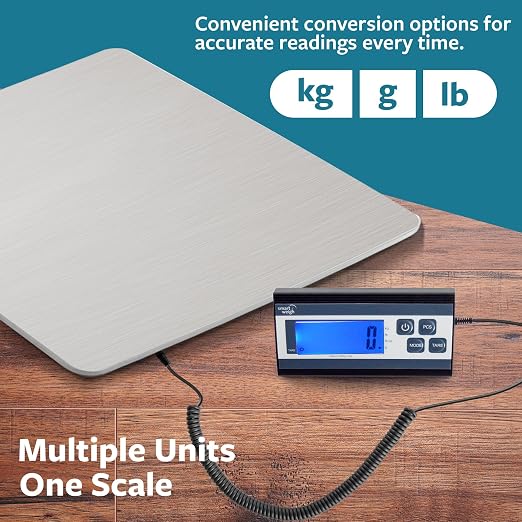 Smart Weigh Digital Postal Shipping Scale, 440 lb Capacity, 1 oz Readability, Hold & Tare Functions, Battery or USB-C Power, Corded Display, Stainless Steel Large Platform, Silver