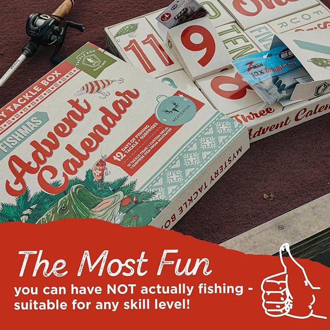 Catch Co Mystery Tackle Box 12 Days of Fishmas Advent Calendar | Bass Fishing Lure Gift Set with 35 baits & lures including 10 Premium Baits, Holiday Decal & Meateater Trivia Pack