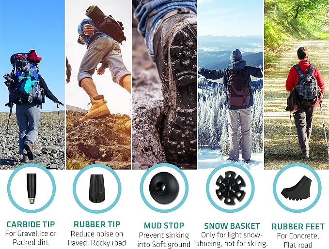 TREKOLOGY Trek-Z Collapsible Hiking & Trekking Poles -100cm-120cm (Black) Adjustable Length - Bundle with 8 pcs of Rubber Pole Tip - Perfect Set for Hikers, Backpacker - Walking Stick for Camping