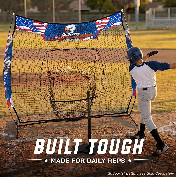 GoSports 7 ft x 7 ft Baseball & Softball Nets - Red, Black, Drip or PRO - Practice Hitting & Pitching Net with Bow Type Frame, Carry Bag and Strike Zone, Great for All Skill Levels