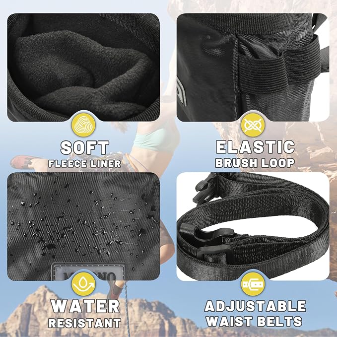 Chalk Bag for Rock Climbing, Climbing Chalk Bag with 2 Refillable Chalk Balls and Carabiner Clip, Brush Loop and Zippered Pocket for Bouldering, Gym, Cross Fit, Weight Lifting, Disc Golf