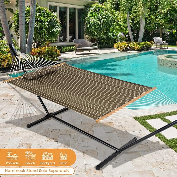 Lazy Daze Hammocks 12 FT Sunbrella Fabric Hammock Non-Fading with Spreader Bars and Free Pillow Fits for 2 Persons, All Weather and Fade Resistant for Patio Yard, 450 lbs Capacity, Harwood Cocoa