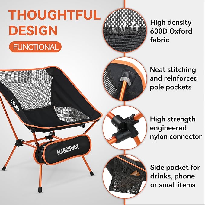 MARCHWAY Ultralight Folding Camping Chair, Heavy Duty Portable Compact for Outdoor Camp, Travel, Beach, Picnic, Festival, Hiking, Lightweight Backpacking (Orange)