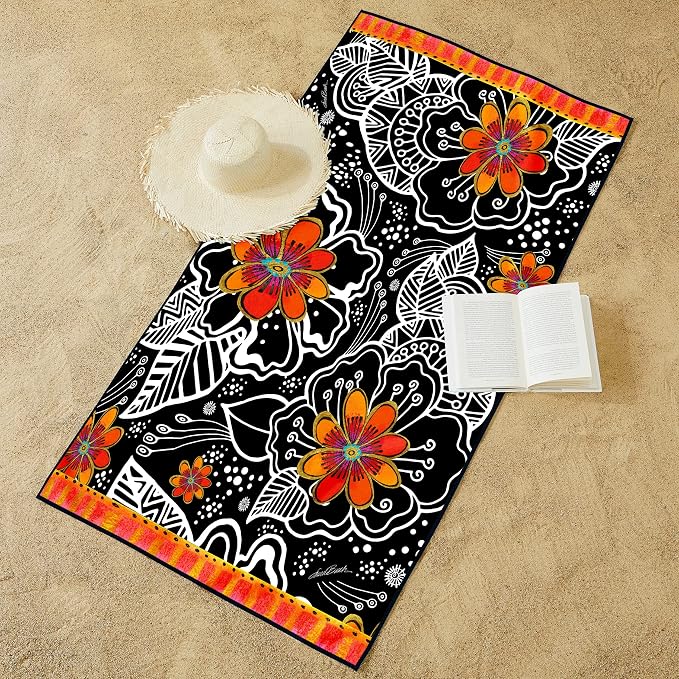 Laurel Burch Orange Blossoms Large Oversized Microfiber Beach Towel - 40x63 Inches, Sand-Free, Quick-Drying, Ultra-Soft, Ideal for Travel, Pool, and Yoga - Includes Matching Drawstring Travel Pouch