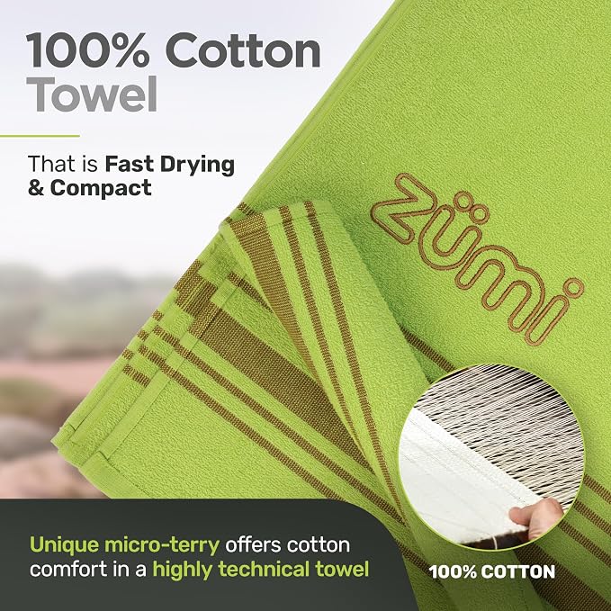 Zumi MINI 100% Cotton Camping Travel Towel - Small, Ultralight, Fast Drying, Highly Absorbent, Soft and Gentle on the Skin, Safe for the Planet (28" x 13" Green)