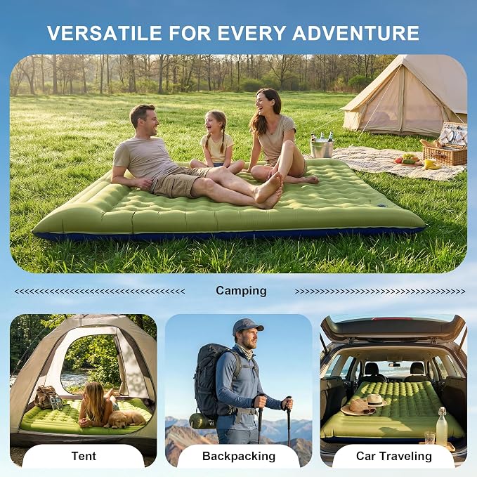 Double Sleeping Pad for Camping - 5.5" Ultra-Thick Camping Mattress with Pillow, Built-in Foot Pump, Compact 2-Person Portable Camping Mat for Backpacking, Hiking, Car Traveling, Beach, Tent