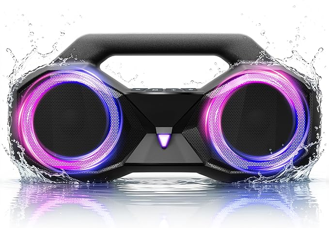 OZJ Bluetooth Speaker Outdoor Loud: 80W(Peak) with Bass, Portable Wireless Speaker with IPX7 Waterproof, 20H Playtime, RGB Lights, TWS for Outside, Beach, Work (Black)