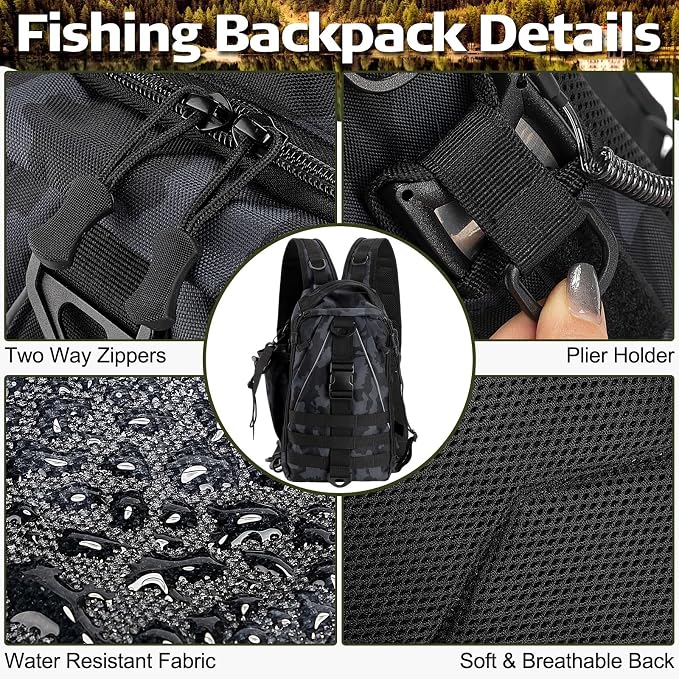 RoundFunny 85 Pcs Fishing Backpack with Tackle Boxes, Tackle Sling Bag with Rod Holder, Fish Lures and Pliers, Fish Tools Gears & Equipment Father's Day Fishing Gift for Dad Men