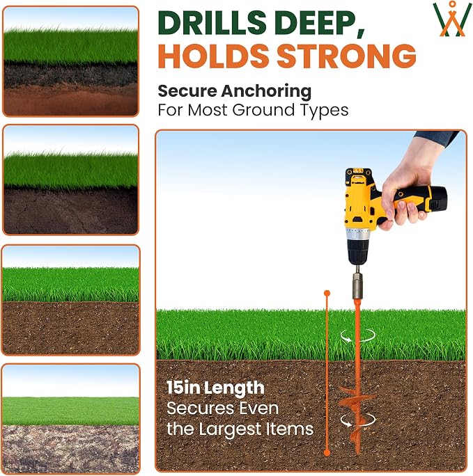 15" Screw-In Ground Anchors (4 Pack) – Heavy Duty Orange Trampoline Stakes, High Visibility Earth Augers with Drill Bit & Glow Carabiners for Canopy Tents, Carports & Swing Sets