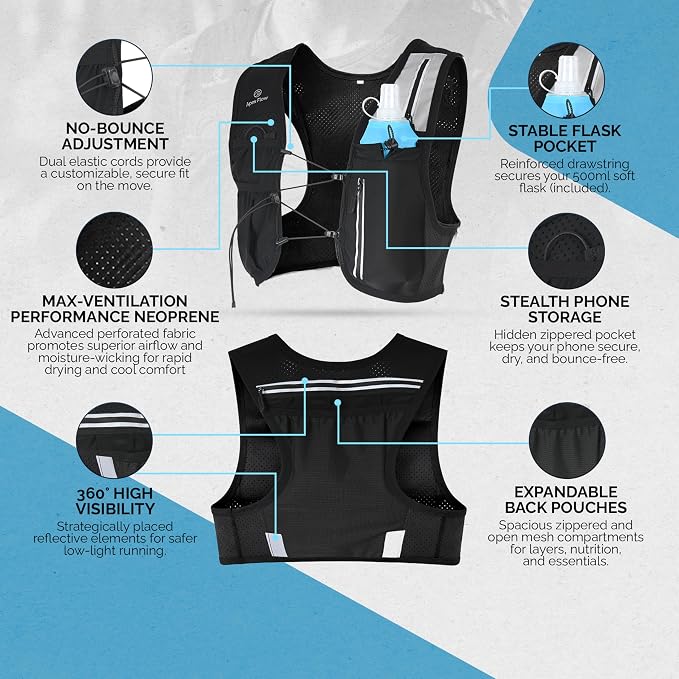 Apex Flow Running Vest for Men & Women, Adjustable Chest Straps, 9 Pockets Lightweight Reflective Hydration Vest with 500ml Soft Flask for Marathon