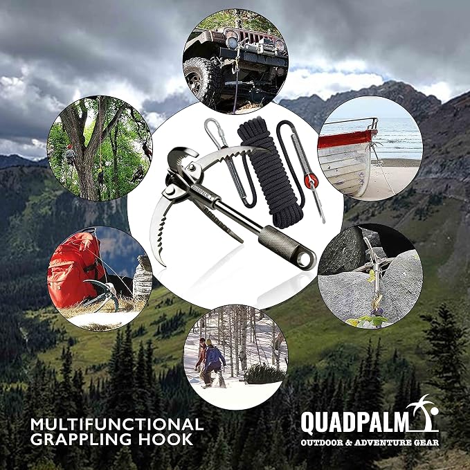 Grappling Hook and Rope 10M (32ft) - Multifunctional Heavy Duty Survival Hook - 4 Stainless Steel Folding Claws - Survival Gear - Outdoors Camping Hiking