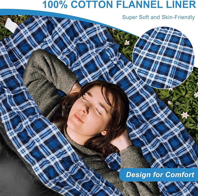 Cotton Flannel Double Sleeping Bag for Camping, Backpacking Or Hiking. Queen Size 2 Person Waterproof Sleeping Bag for Adults Or Teens. Lightweight with Compression Sack