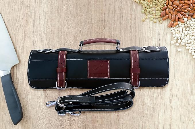 EVERPRIDE Elegant Black Leather with Maroon Trim, Professional Chef Knife Roll Bag for Knives. Premium Leather Bag, Sturdy Construction, Luxurious Carry Case and Display for Knives. A Great Gift.