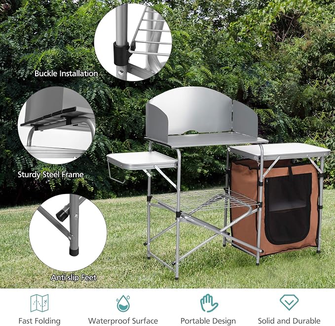 Tangkula Folding Camping Kitchen Table, Aluminum Portable Camping Grill Table with Windscreen, Cook Station, Outdoor Quick Set-up Camp Cook Table with Storage Organizer Shelves, Carry Bag