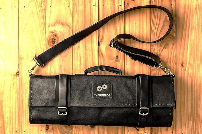 EVERPRIDE Waxed Canvas and Genuine Leather Trim Chef Knife Roll Bag Holds 12 Knives and Cooking Tools – Durable, Large Knife Case – Elegant Chef Bag for Professional Cooks and Students