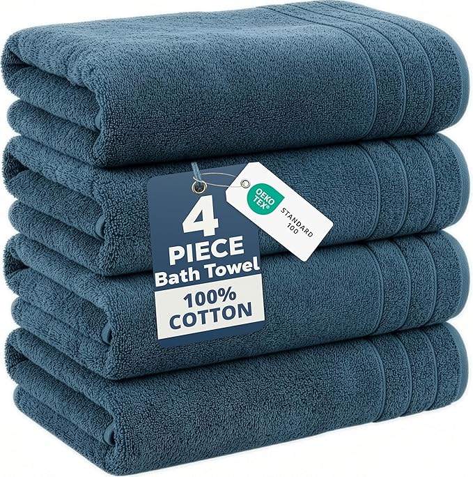 Casa Platino 100% Cotton 4 Pack Bath Towels (30"x60") - Ring Spun Mercerized Cotton Bathroom Towels Set - Quick Dry, Soft & Absorbent Large Bath Towels - Machine Wash in Cold Water - Steel Blue