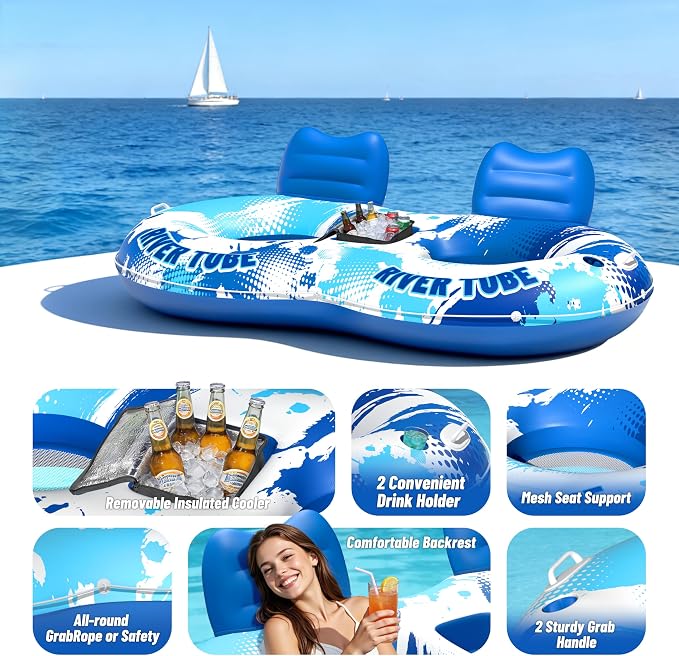 JOSEN Inflatable River Tube Float - 2 Person Heavy Duty River Float, Pool Floats Adult, Lake River Floats Water Tubes for Floating with Removable Cooler & Cupholders for Summer Relaxation