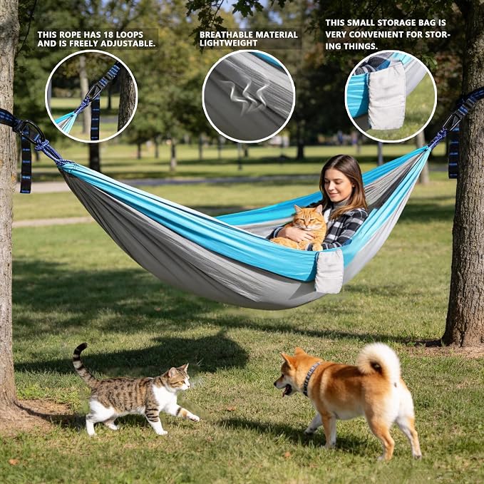 Camping Hammocks, Double & Single Hammock with Tree Straps,Portable Lightweight Parachute Nylon Camping Gear for Outside Hiking Beach Backpack Survival Travel- Up to 400lbs