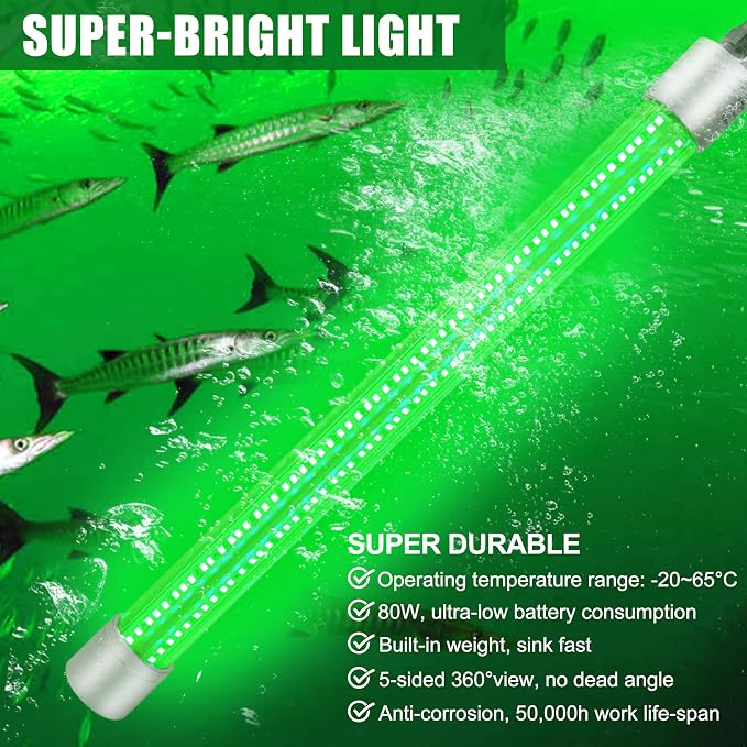 SILANON Underwater Fishing Light Super Bright 40000 Lumens 12V 80W LED Submersible Fishing Light Green Night Fish Attracting Light Waterproof Bait Finder Attractants Boat Lamp for Snook Crappie