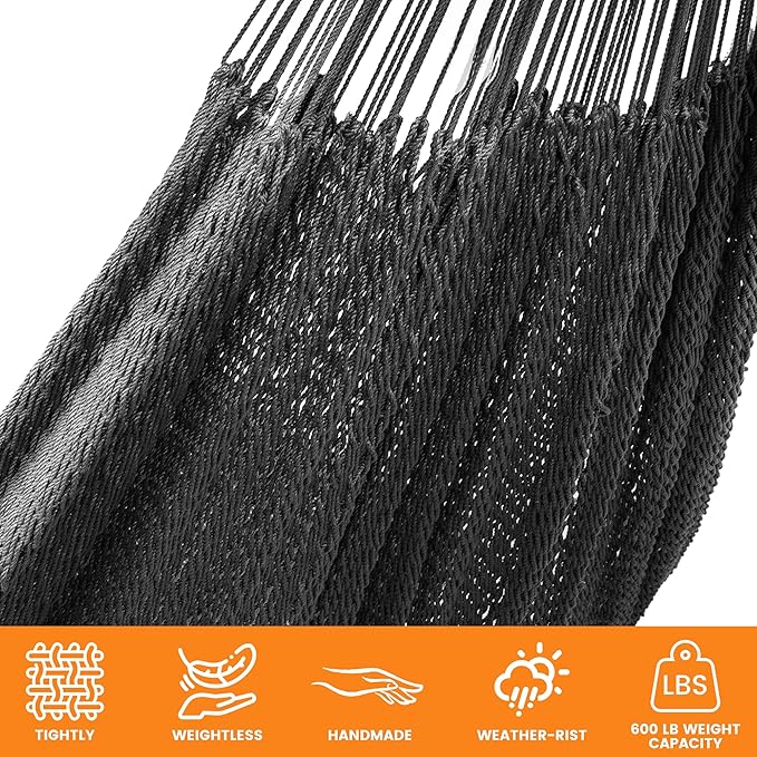 Lazy Daze Hammocks Handwoven XL Mayan Hammock, 10.5 FT Soft Rope Double Hammocks, Portable Outdoor Hammock with Carry Bag, 2 Straps & Carabiners for Patio Outside, 550 lbs Weight Capacity, Gray