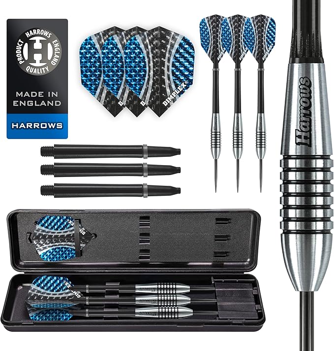 Harrows Bomber Darts, 85% Tungsten Steel Tip Darts Set 21g, 23g, 25g & 27g - Includes High-Grade Shafts, Aerodynamic Dart Flights & Convenient Travel Case