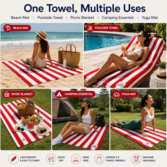 Oversized Microfiber Beach Towel 71x36 Inch, Quick Dry Sand Free Travel Towel, Lightweight Sueded Beach Blanket for Pool, Camping, Yoga & Beach Trips (Red/White)