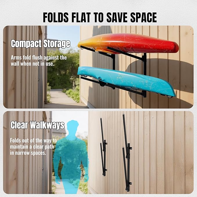 2-Tier Foldable Kayak Wall Mount Rack - Heavy Duty Steel Storage Hanger for Garage, Holds Kayaks, Canoes, Paddleboards - Space-Saving Swing-Away Design (Black)