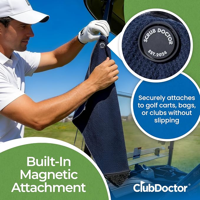 Scrub Doctor Golf Towel (Black) - Built-in Club Scrub Brush and Magnet - Clean Grooves - Magnetic for Strong Hold to Golf Carts or Clubs - Thick Premium Waffle Microfiber