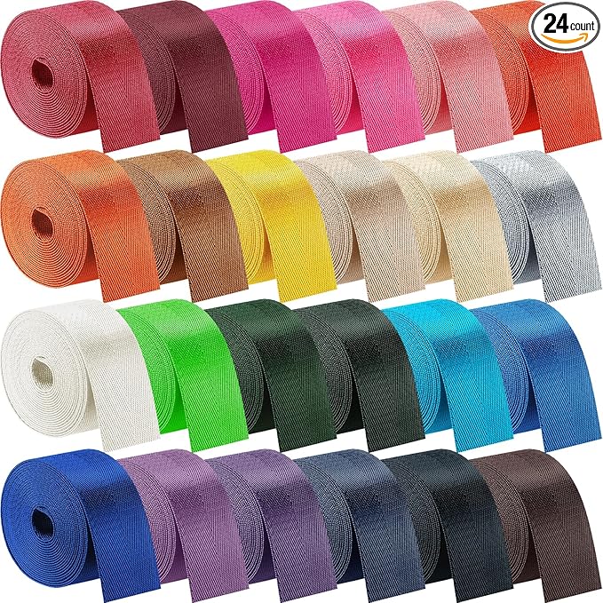 Windyun 24 Rolls Nylon Webbing 1/1.5 Inch Wide Cotton Webbing Strap 3.3 Yard 24 Colors Nylon Straps for Bag Making DIY Craft, Pet Collars, Climbing, Backpack
