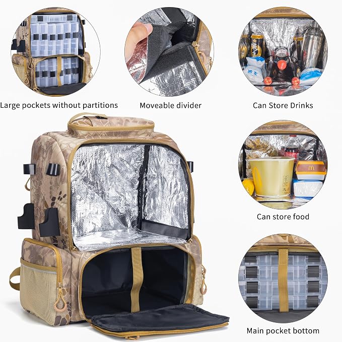 Rabjen Fishing Tackle Backpack, 45L Storage Waterproof Travel Bag Store Fishing Gear with Insulated Top Pocket