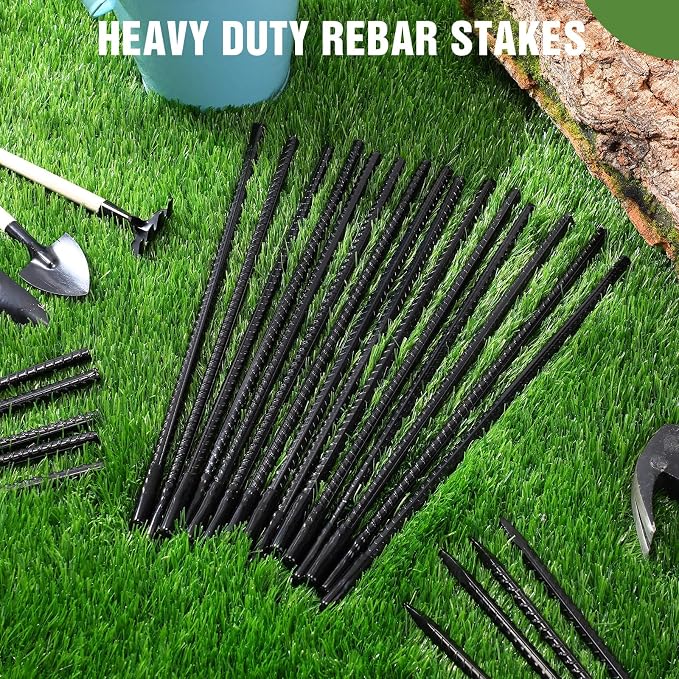Jetec 24 Pcs 24 Inch Black Ground Rebar Stakes Heavy Duty Ground Anchors Steel Plant Support Garden Stake Long Straight Metal Spikes with Chisel Point End for Garden Concrete Plant Tent