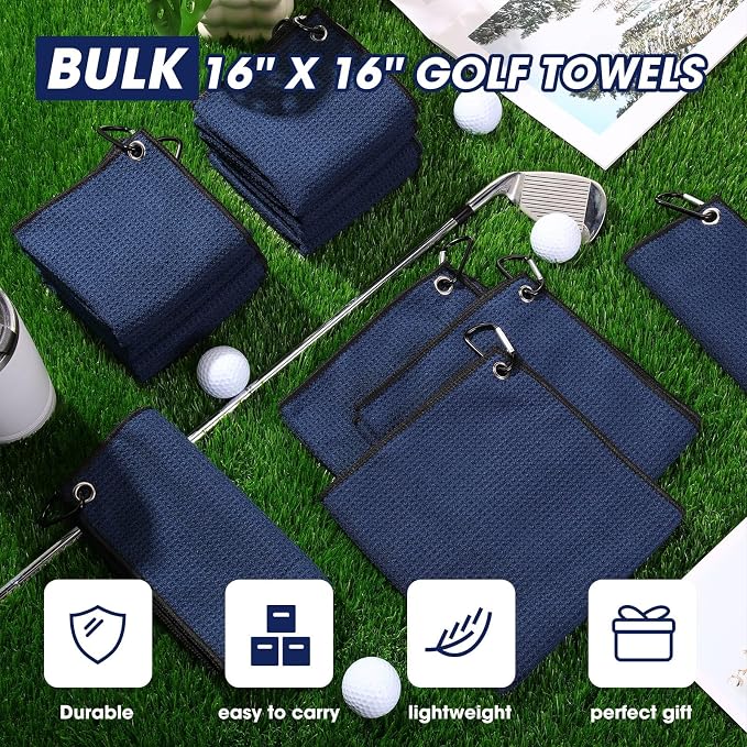 Batiyeer Golf Towels Bulk for Bags, 16"x16" Microfiber Waffle Pattern Golf Towel with Clip for Tournament, Club, Fitness