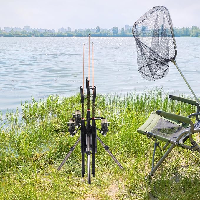 Gisafai Fishing Rod Carrier Surf Fishing Holder Foldable Pole Holder Stand 3 Rod Portable Vertical Beach Pole Storage Freestanding Rack for Fisherman Garage Home Outdoor