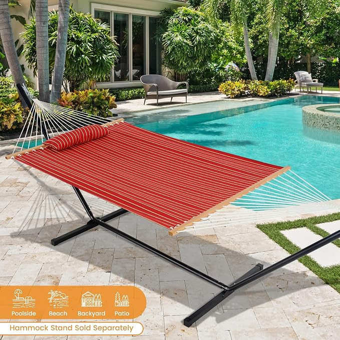 Lazy Daze Hammocks 12 FT Sunbrella Fabric Hammock Non-Fading with Spreader Bars and Free Pillow Fits for 2 Persons, All Weather and Fade Resistant for Patio Yard, 450 lbs Capacity, Harwood Crimson