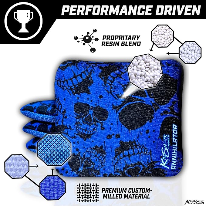 Killshots Cornhole | Annihilator Series | Limited Edition | Premium Cornhole Bags | Double-Sided Stick & Slide | Durable | Resin Filled | Regulation 6x6, 16oz | Set of 4 (Blue Reaper)