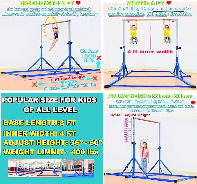 Marfula Gymnastic Bar For Kid and Teenage of 3-25, 5Ft/8 FT Base Length 4Ft Width 5Ft Adjust Height, Gymnastic Kip Bar For Gymnast, Gymnastic Training Equipment For Professional Training Home Club Use