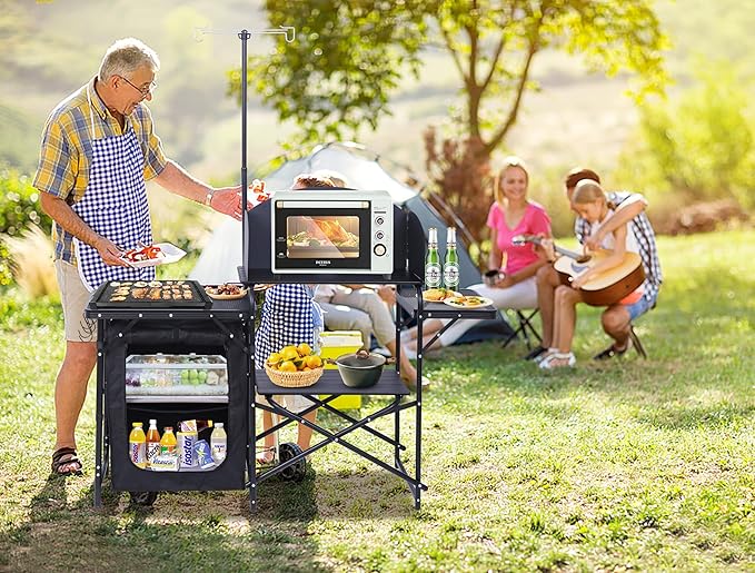 Nice C Camping Kitchen Station, Picnic Portable Grill Table, Folding Cook Station Organizers, with Upgrade Light Stand, Windshield, Carry Bag for Outdoor, Beach, Picnic (Black)