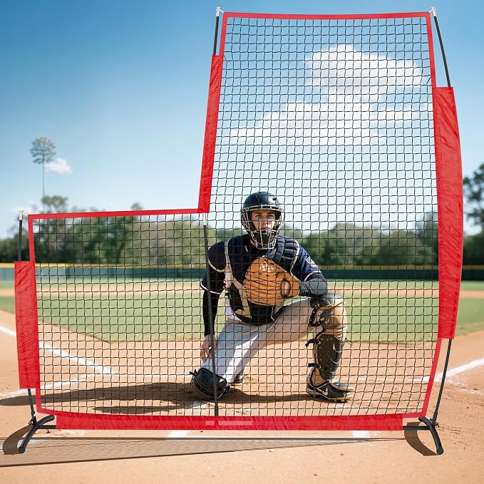 Baseball L Screen for Batting Cage, 7x7ft Pitcher Protector Net for Pitchers Protection, Includes Portable Carry Bag, 4 Ground Stakes
