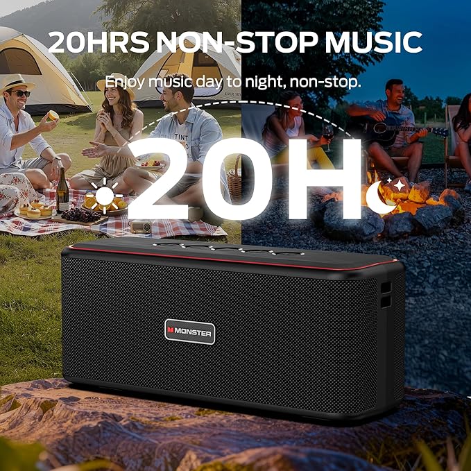 Monster Shock Plus Bluetooth Speaker,Portable Speaker with 40W Loud Stereo Sound,Bluetooth 6.0,TWS Pairing, 20H Playtime, Support AUX/TF Card, IPX6 Waterproof Wireless Speakers for Travel,Home,Outdoor