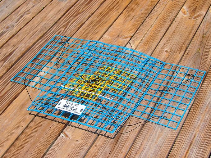 Folding Bridge Blue Crab Trap, Heavy-Duty Metal Wire Mesh Drop-Net, Collapsible Foldable Design, 15" x 15" x 7"