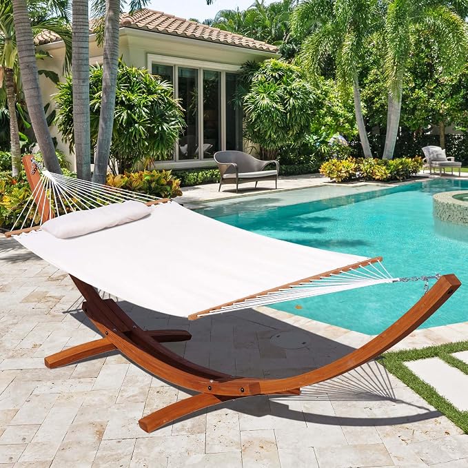 Lazy Daze Hammocks 12 FT Sunbrella Fabric Hammock Non-Fading with Spreader Bars and Free Pillow Fits for 2 Persons, All Weather and Fade Resistant for Patio Yard, 450 lbs Capacity, Cast Pumice