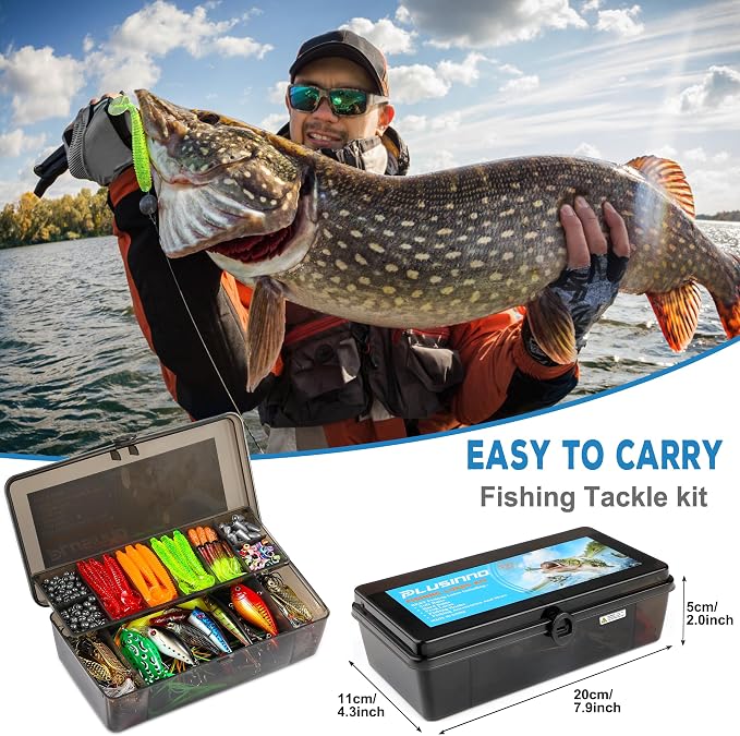 PLUSINNO Fishing Lures Fishing Tackle Box Fishing Gifts for Men, Bass, Trout Fishing Accessories Kit for Saltwater & Freshwater Fishing Gear Including Topwater Lures, Hooks, Spinnerbaits
