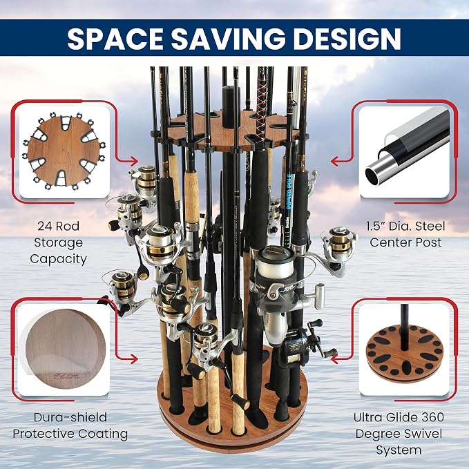 Rush Creek Creations Fishing Rod Holder - 360 Spinning Rack for Garage Organization and Storage, Pole Holder for Reels, Gear, Accessories, Tackle Box