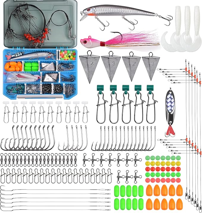Surf Fishing Tackle Kit, 173pcs Saltwater Fishing Gear with Pyramid Sinkers Fish Finder Rigs High-Low Rigs Pompano Rigs Wire Leaders Hooks Bucktail Jig Lures for Striper Flounder Catfish
